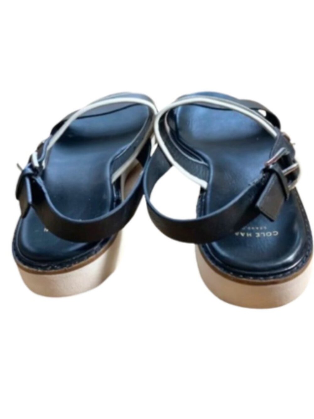 Cole Haan Black Leather Two Band Slingback Flat Sandals Contrast White Trim, 8.5 - Picture 9 of 9